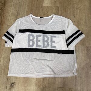 bebe Sport White Mesh Tee with Black Logo Trim